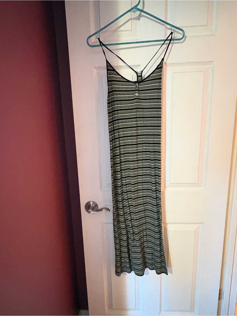 Striped Spaghetti-Strap Maxi Dress in Olive and Black
